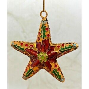 Cloisonne Red Enamel Gold Metal Holly Floral Star Christmas Hanging Ornament EUC